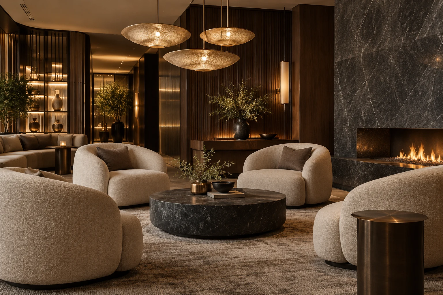 Warm hospitality lounge concept showing materials, lighting and seating