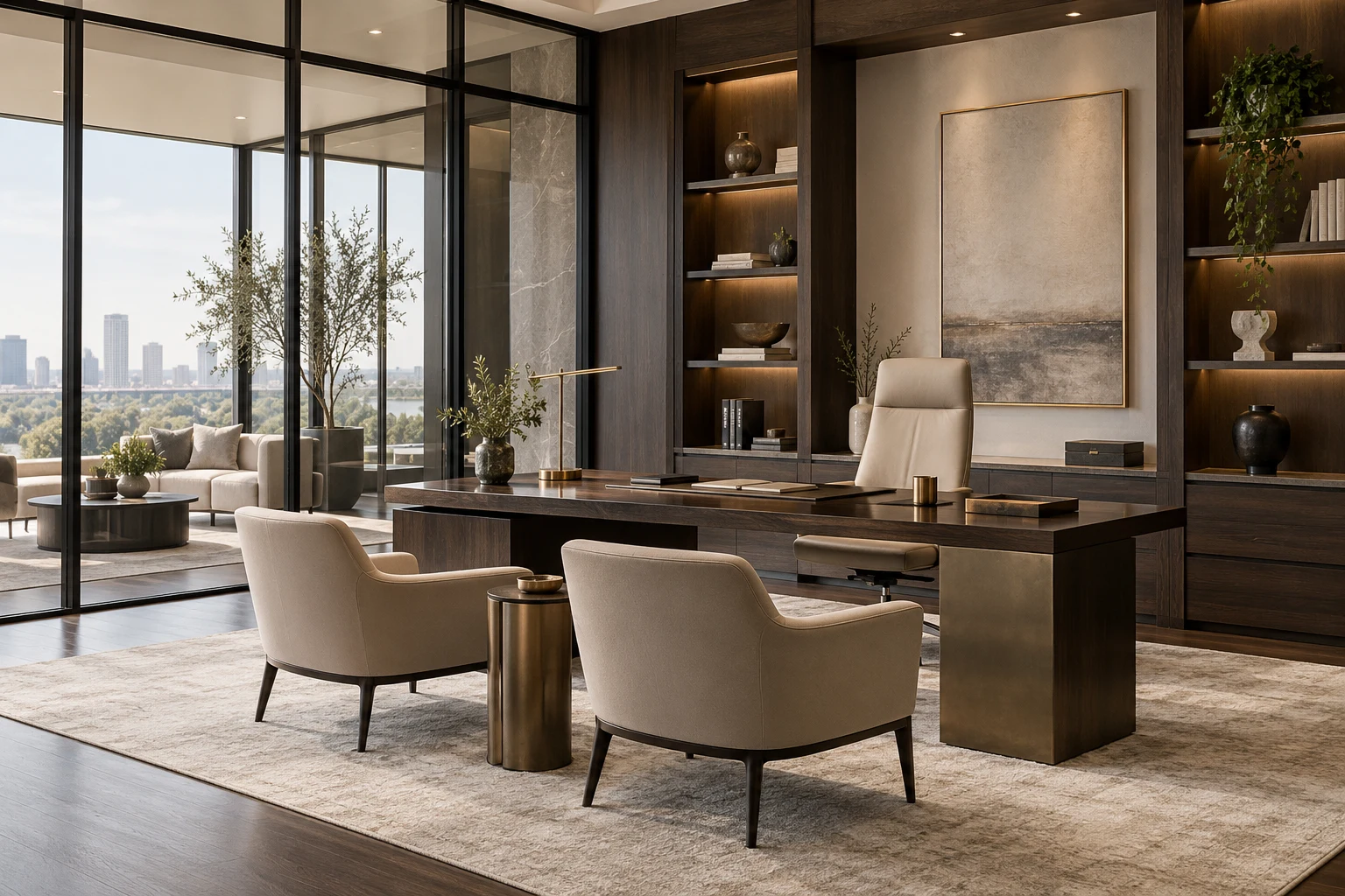 Executive office concept with dark timber, glass partitions and daylight