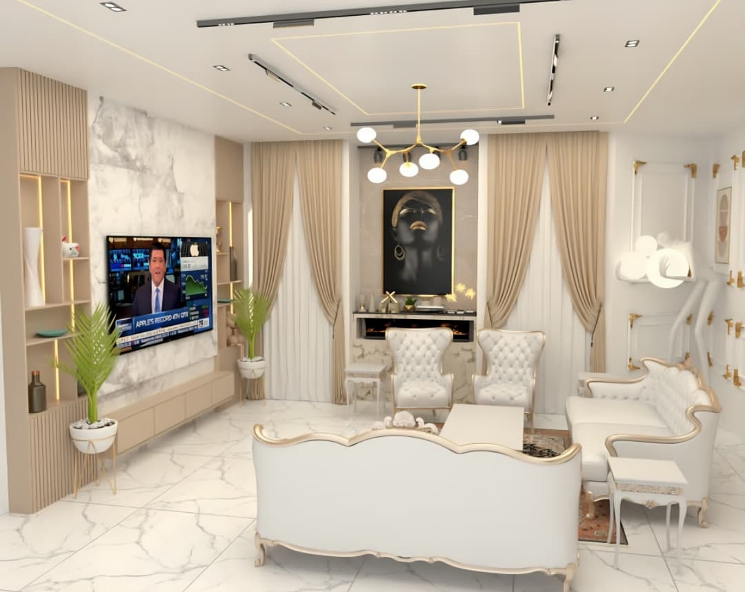 3D living room design with a television feature wall, cream seating, gold accents, and recessed ceiling lighting.