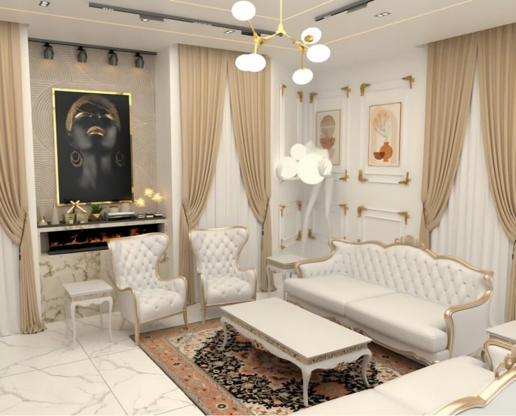 3D living room design with a television feature wall, cream seating, gold accents, and recessed ceiling lighting.